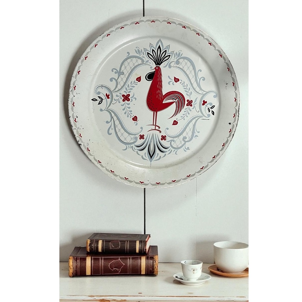 50s Marcelline Tin Serving Tray Wall Decor Red Rooster Scandinavian Folk‎ Art 18